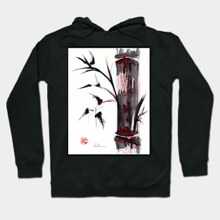 Crimson in the Mist - India ink bamboo wash painting Hoodie